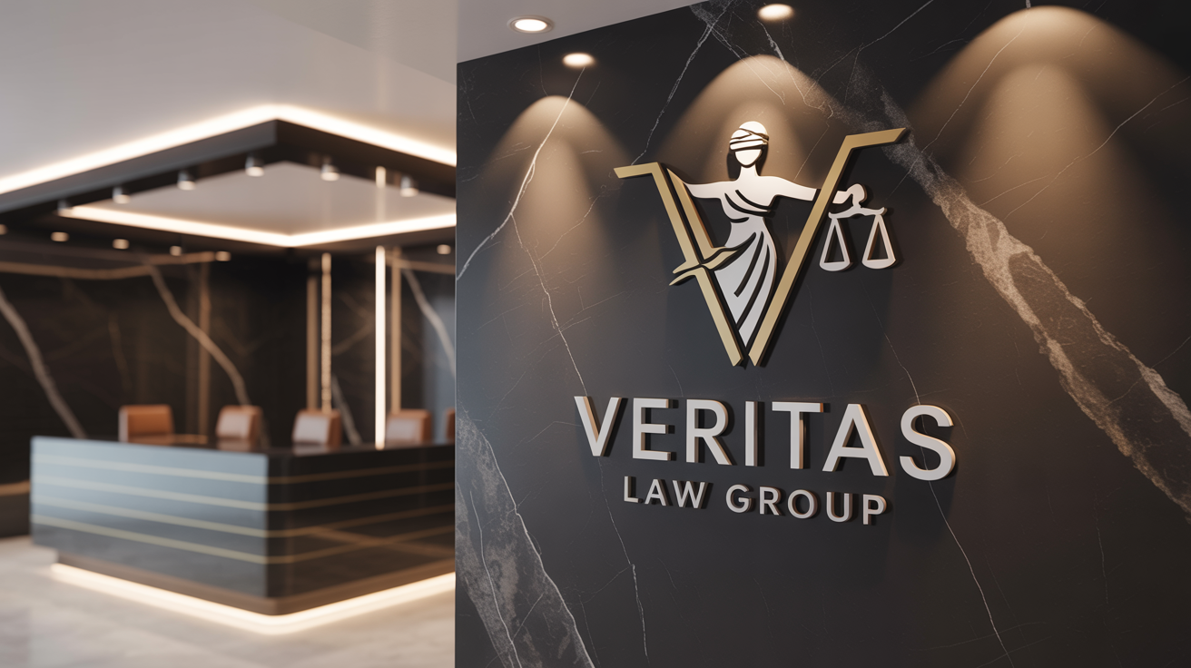 A final design of a law firm logo featuring a minimalist Lady Justice in gold and silver, mounted on a dark marble wall. The name 'VERITAS LAW GROUP' is below the icon.