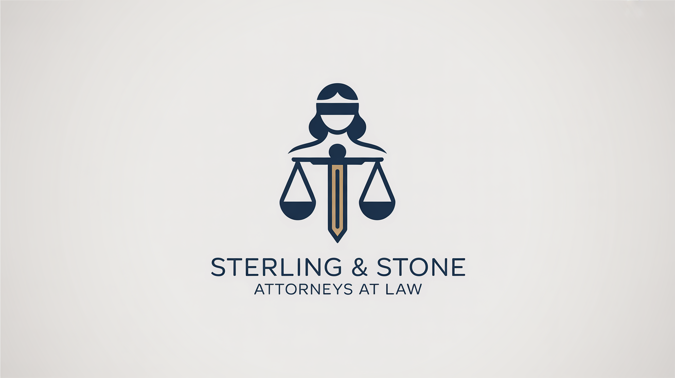 A modern, minimalist logo for 'Sterling & Stone, Attorneys at Law', featuring a stylized navy blue and gold icon of Lady Justice on a white background.