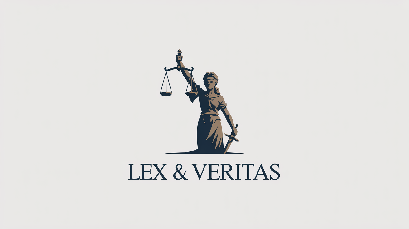 A modern, minimalist logo for a law firm featuring a stylized Lady Justice in navy blue and gold, with the text 'LEX & VERITAS' below, all on a crisp white background.