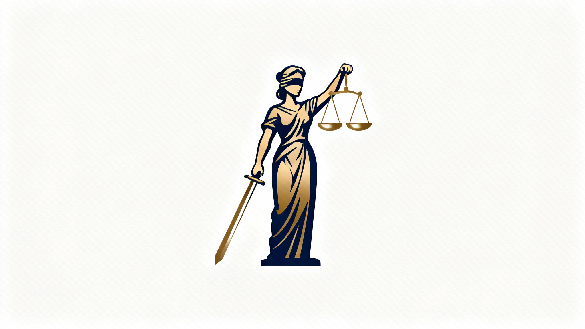 A modern, stylized logo of Lady Justice in bronze and navy blue, featuring a blindfolded figure holding scales and a sword, symbolizing law and justice, on a white background.