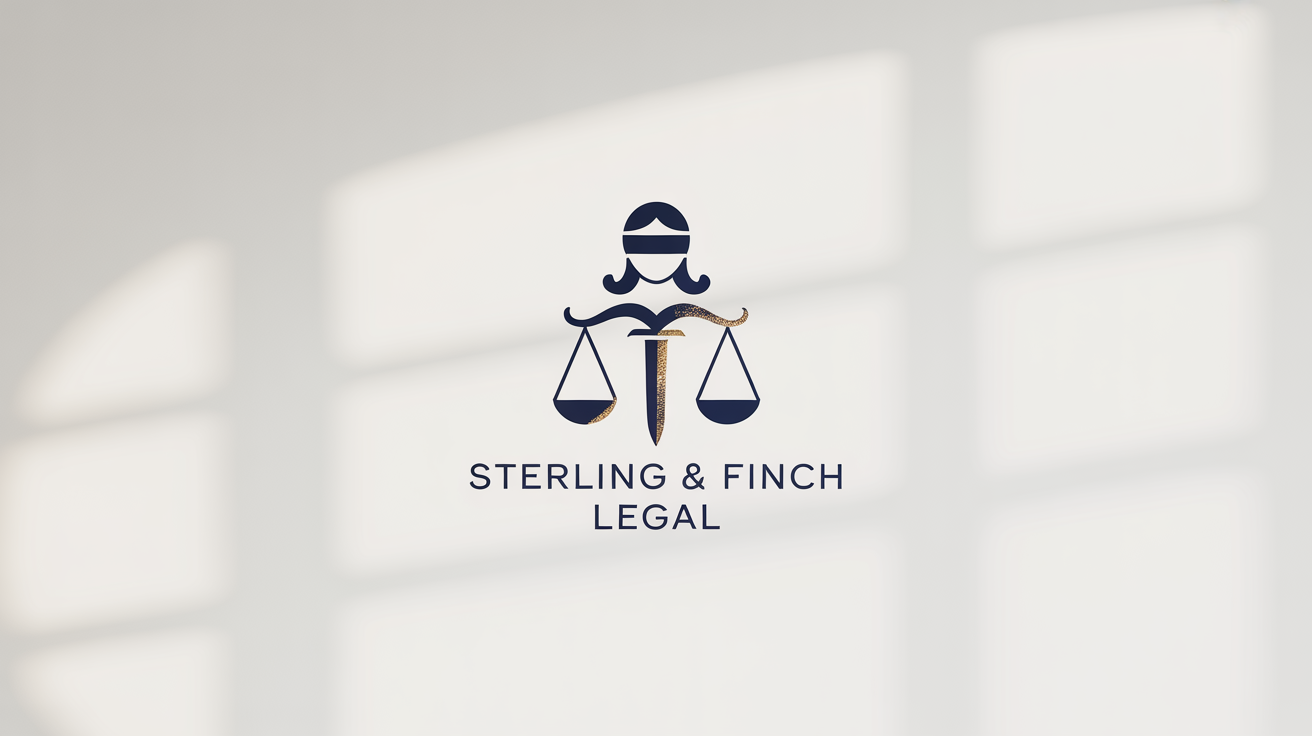 A modern Lady Justice logo for a law firm named 'Sterling & Finch Legal'. The logo is in navy blue and gold and is displayed on a clean white background.