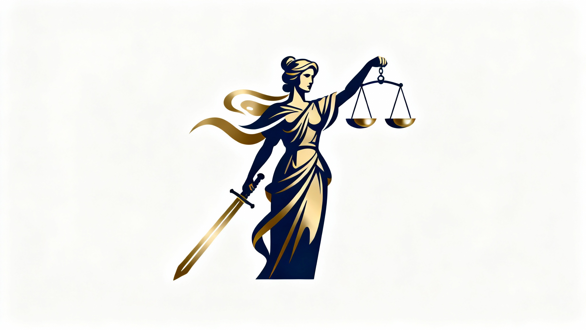 A modern, minimalist logo of Lady Justice in navy blue and gold, shown on a clean white background. The design is abstract and professional.