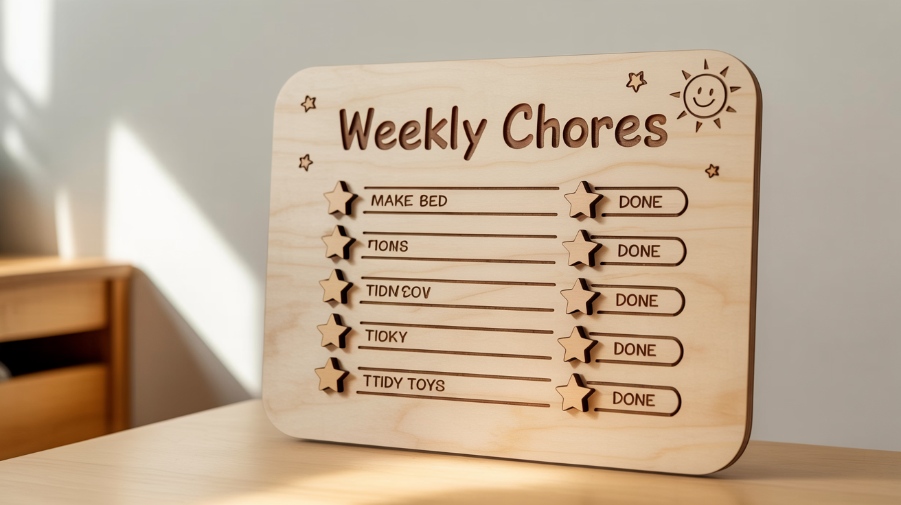 A finished laser-cut wooden chore chart with the title 'Weekly Chores', showing tasks like 'Make Bed' and 'Tidy Toys', mounted on a clean wall in a child's room.