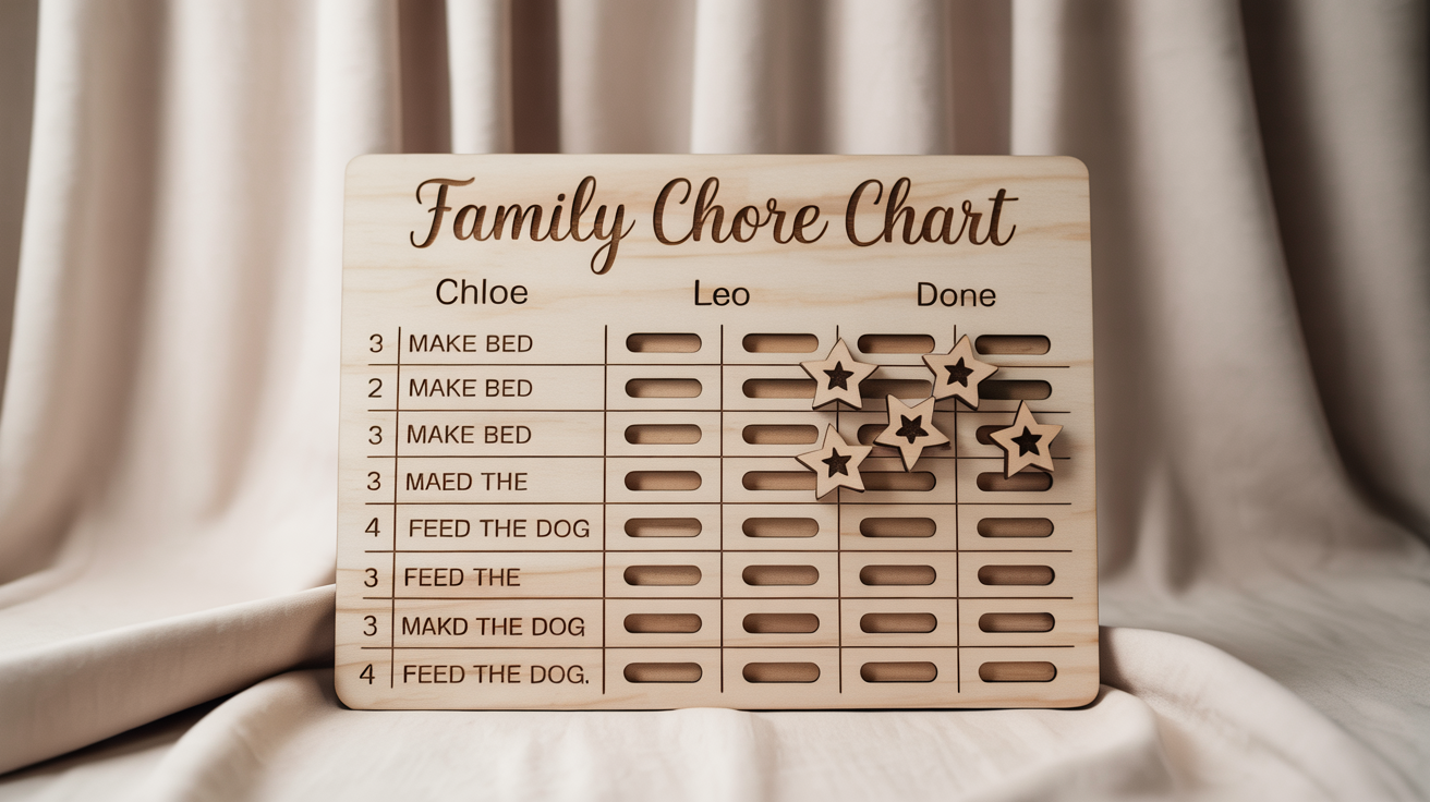 A modern, laser-cut wooden family chore chart with engraved names 'Chloe' and 'Leo' and various tasks, featuring star-shaped sliders to mark completion, displayed on a white background.