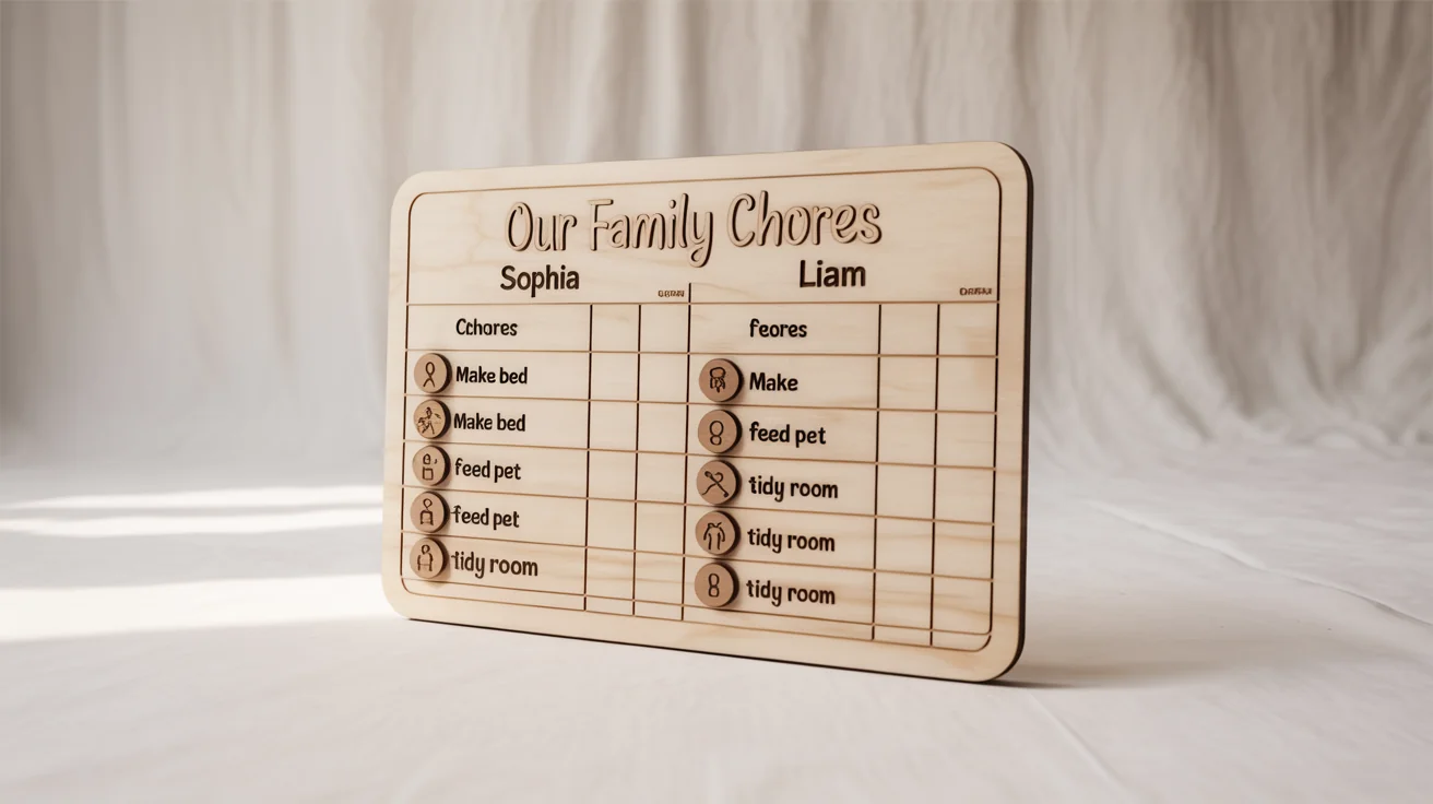 A modern laser-cut wooden chore chart featuring sections for names and tasks, displayed against a clean white background in a product photo style.