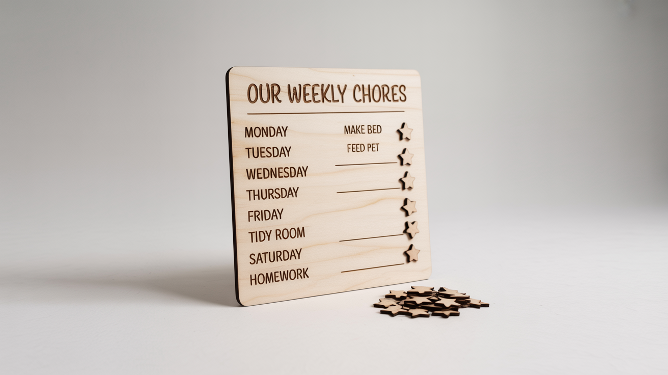 A modern, laser-cut wooden chore chart with engraved days of the week and a list of family chores, shown on a clean white background. Star-shaped tokens are used to mark completed tasks.