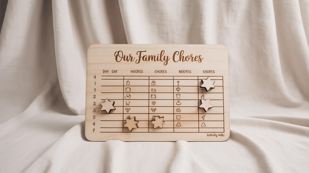 A modern, laser-cut wooden family chore chart with engraved titles and chore icons, shown with star-shaped tokens to mark completed tasks, against a clean white background.
