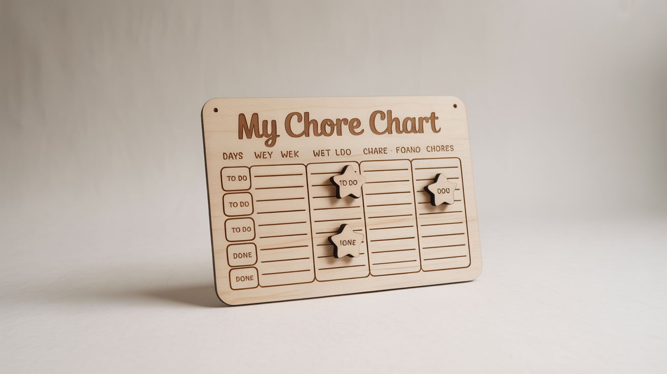 A laser-cut wooden chore chart with the title 'My Chore Chart' and a grid for daily tasks, displayed as a product mockup on a plain white background.