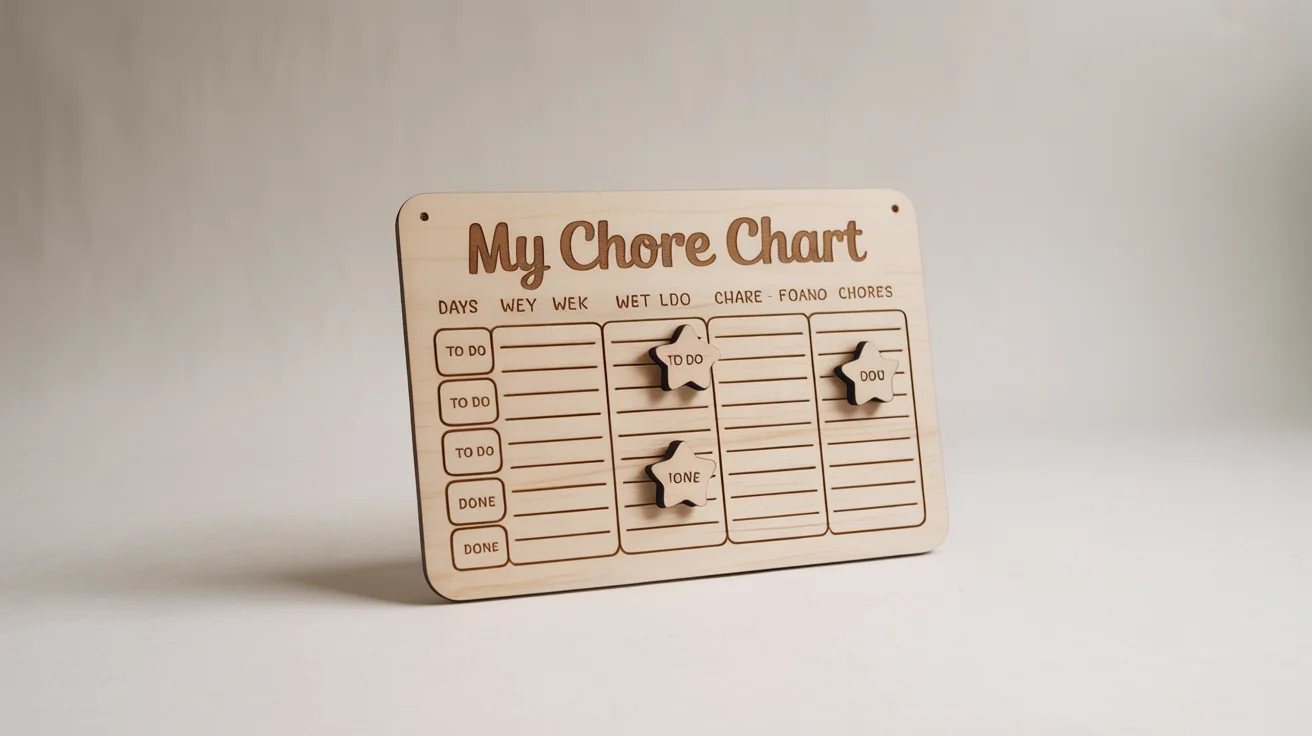 A laser-cut wooden chore chart with the title 'My Chore Chart' and a grid for daily tasks, displayed as a product mockup on a plain white background.