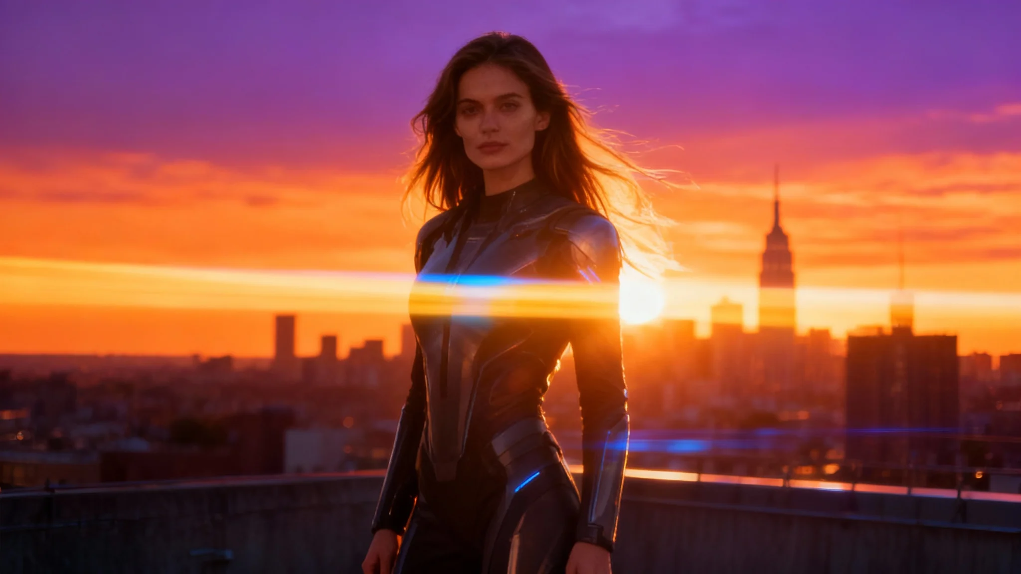 A cinematic 16:9 image showing the final result of a lens flare effect applied to a photo of a futuristic woman on a rooftop at sunset.