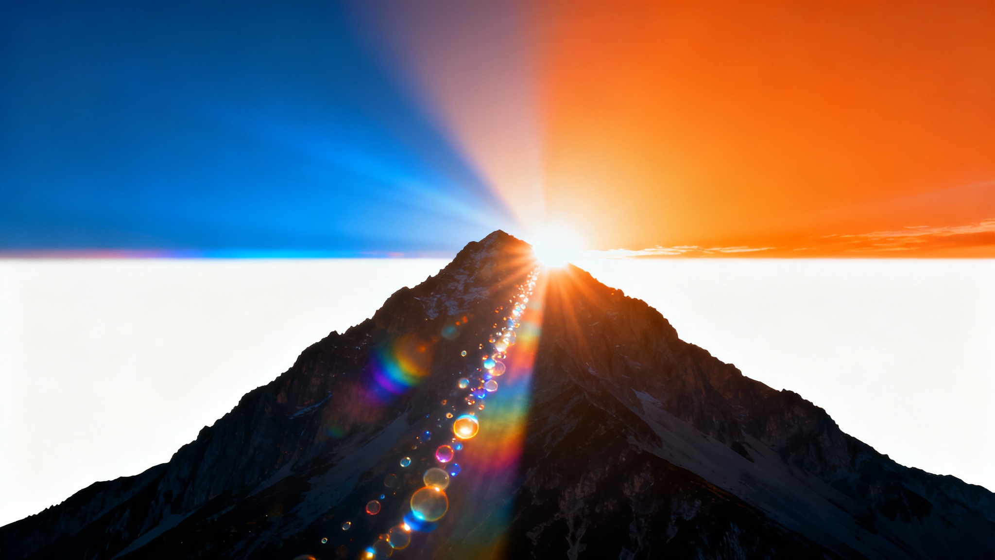 A photorealistic image of a sun rising over a mountain, creating a spectacular and colorful lens flare effect across the scene.