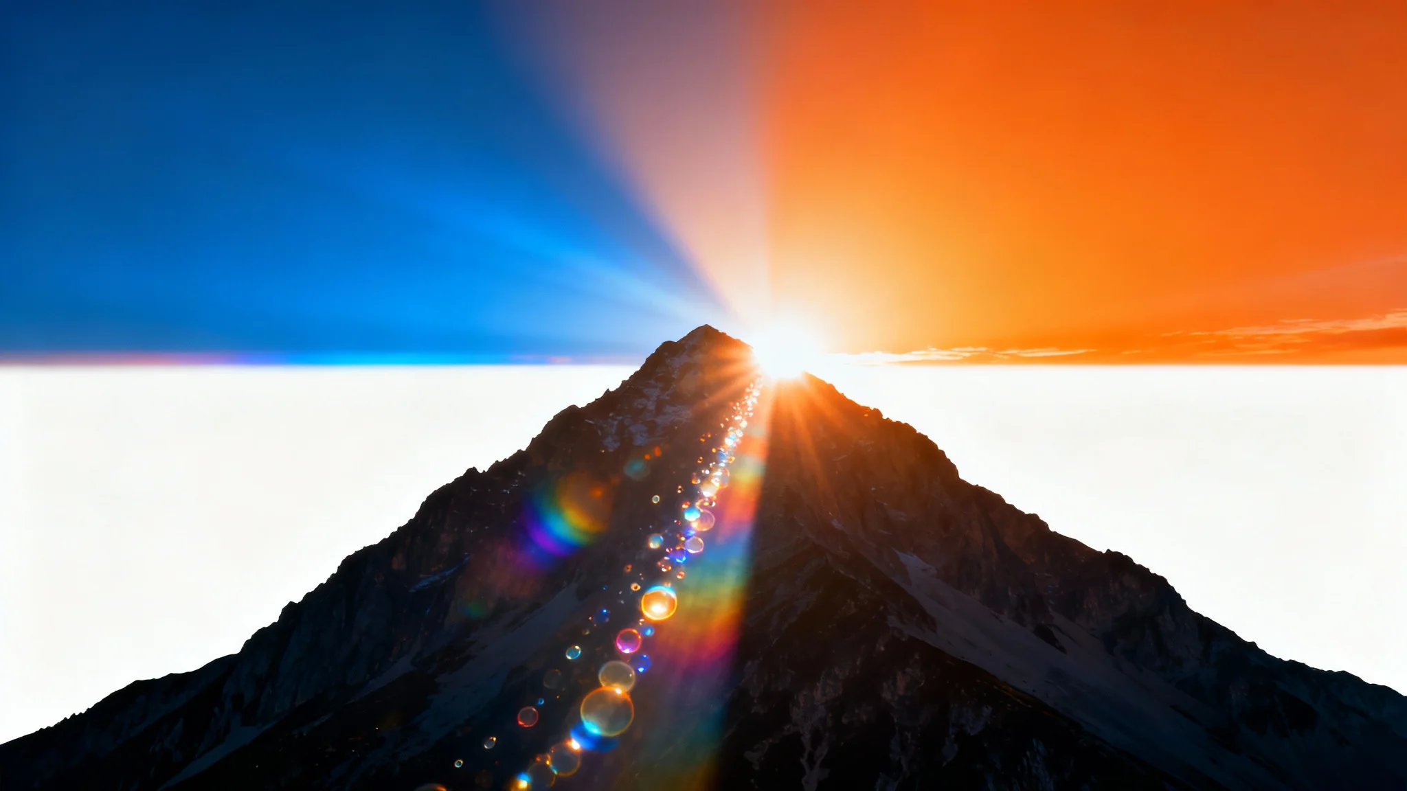A photorealistic image of a sun rising over a mountain, creating a spectacular and colorful lens flare effect across the scene.