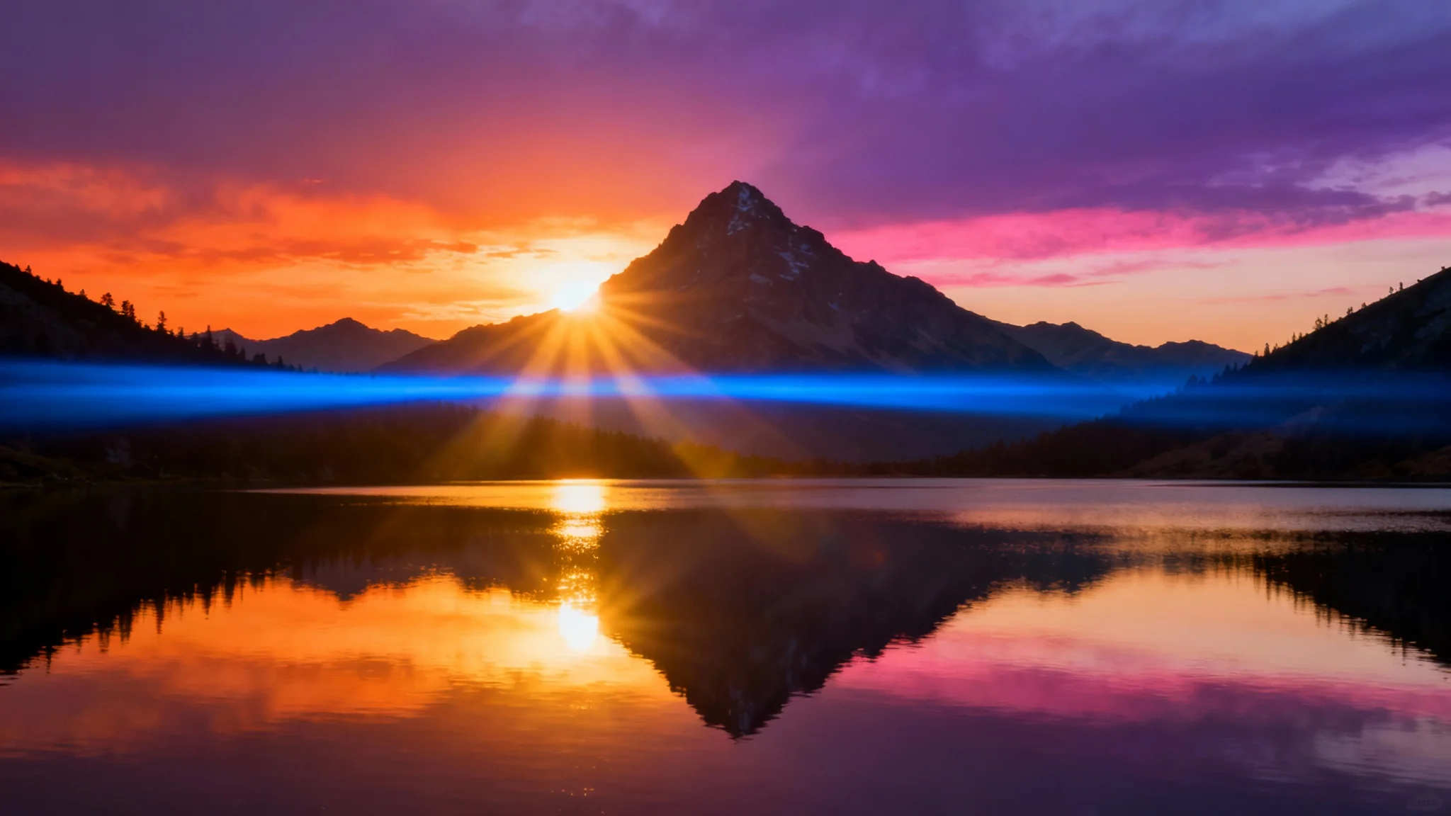 A stunning mountain landscape at sunset, with a bright, cinematic lens flare streaking across the sky from the setting sun.