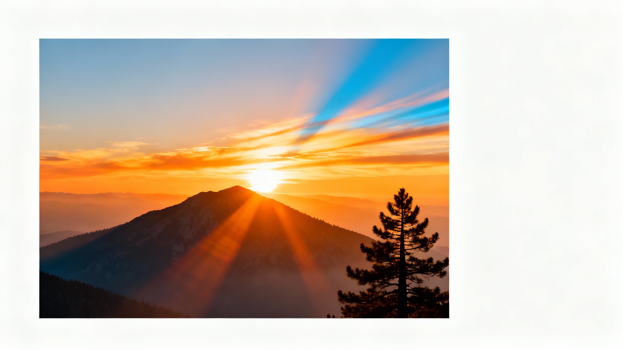 A photorealistic image of a mountain sunrise, showcasing a dramatic lens flare effect with golden and blue light streaking across the sky.