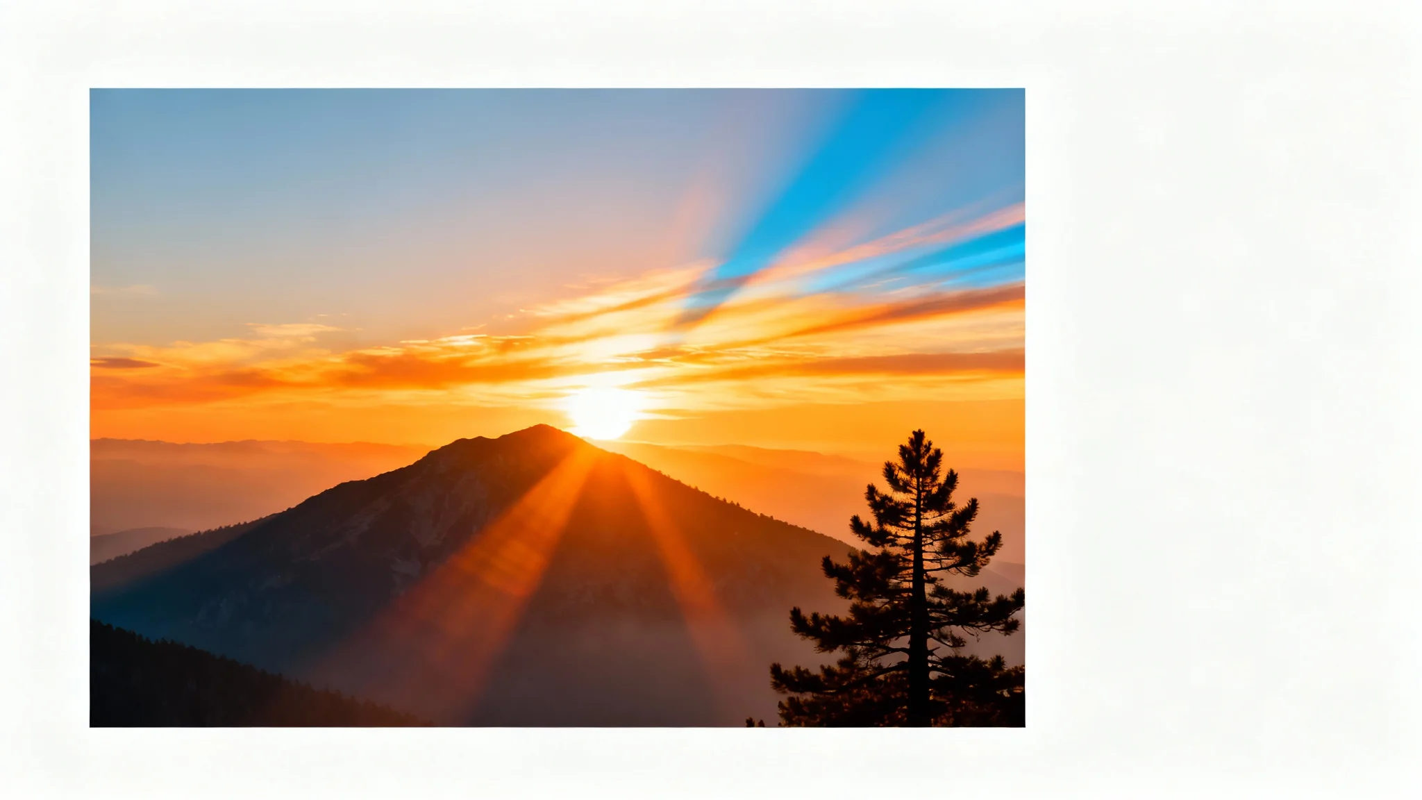 A photorealistic image of a mountain sunrise, showcasing a dramatic lens flare effect with golden and blue light streaking across the sky.