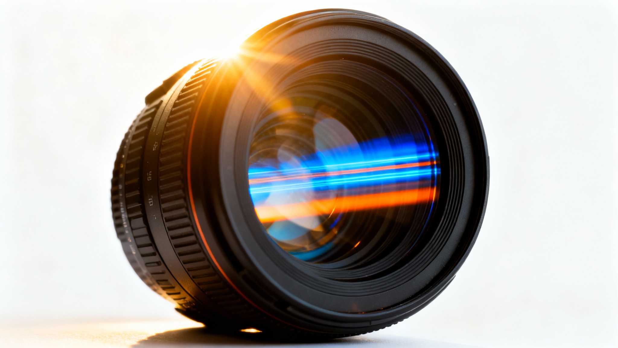 A dramatic close-up of a camera lens with a bright, colorful lens flare effect streaking horizontally across the glass, isolated on a white background.