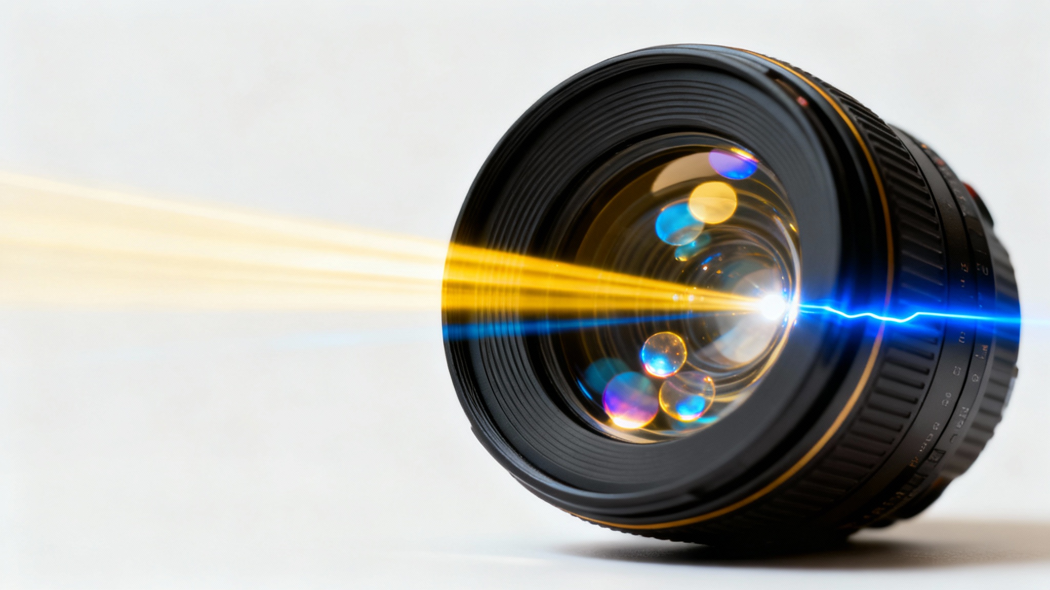 A close-up, photorealistic shot of a camera lens on a white background, with a beautiful and dramatic lens flare of gold and blue light streaking across the image.