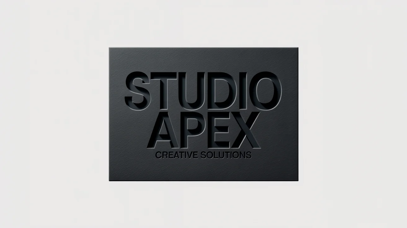 A close-up, photorealistic hero image of a logo for 'STUDIO APEX' debossed onto dark, textured cardstock, demonstrating a professional logo mockup.
