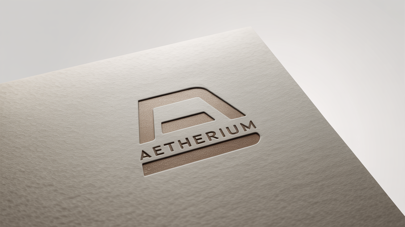 A close-up, angled shot of a logo for the fictional brand 'Aetherium' debossed into thick, textured, off-white paper, set against a plain white background, highlighting the premium and tactile effect.