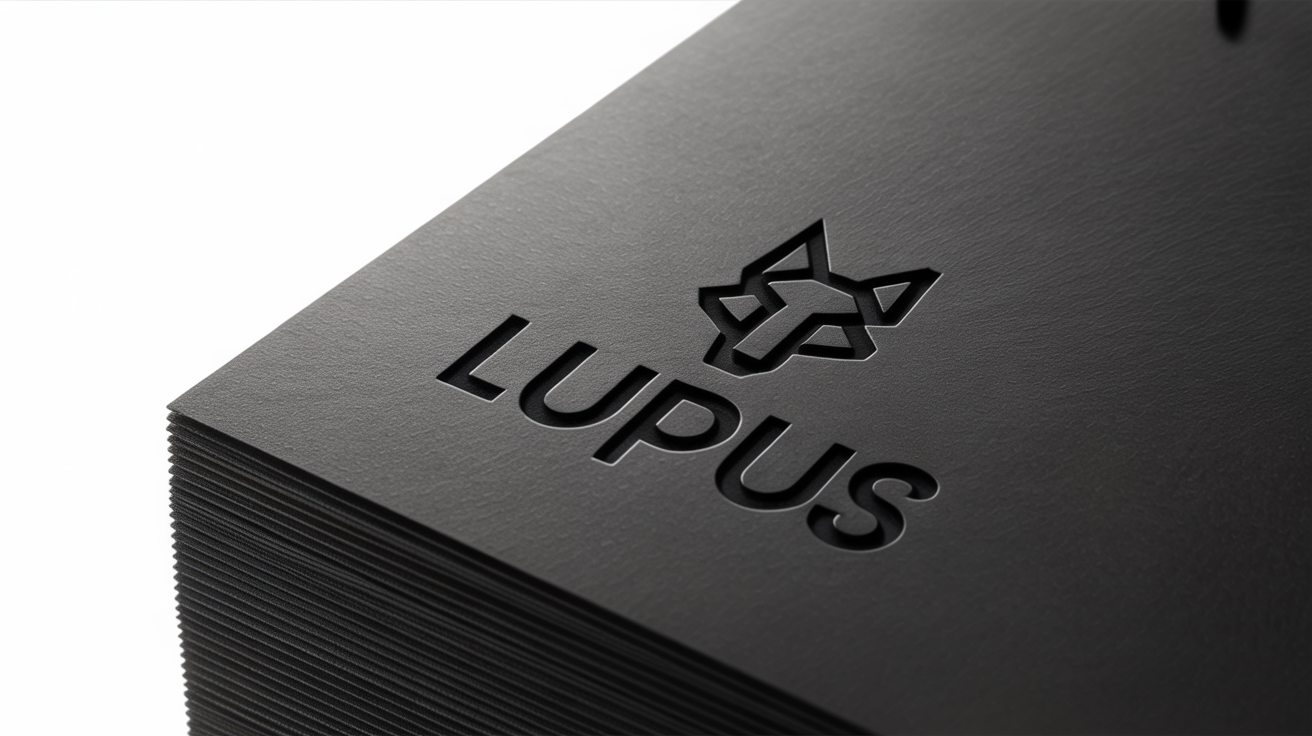 A photorealistic mockup of a luxury brand's logo, 'LUPUS', with a wolf icon, debossed into thick, black textured paper on a white background.