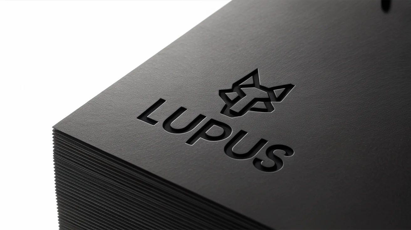 A photorealistic mockup of a luxury brand's logo, 'LUPUS', with a wolf icon, debossed into thick, black textured paper on a white background.