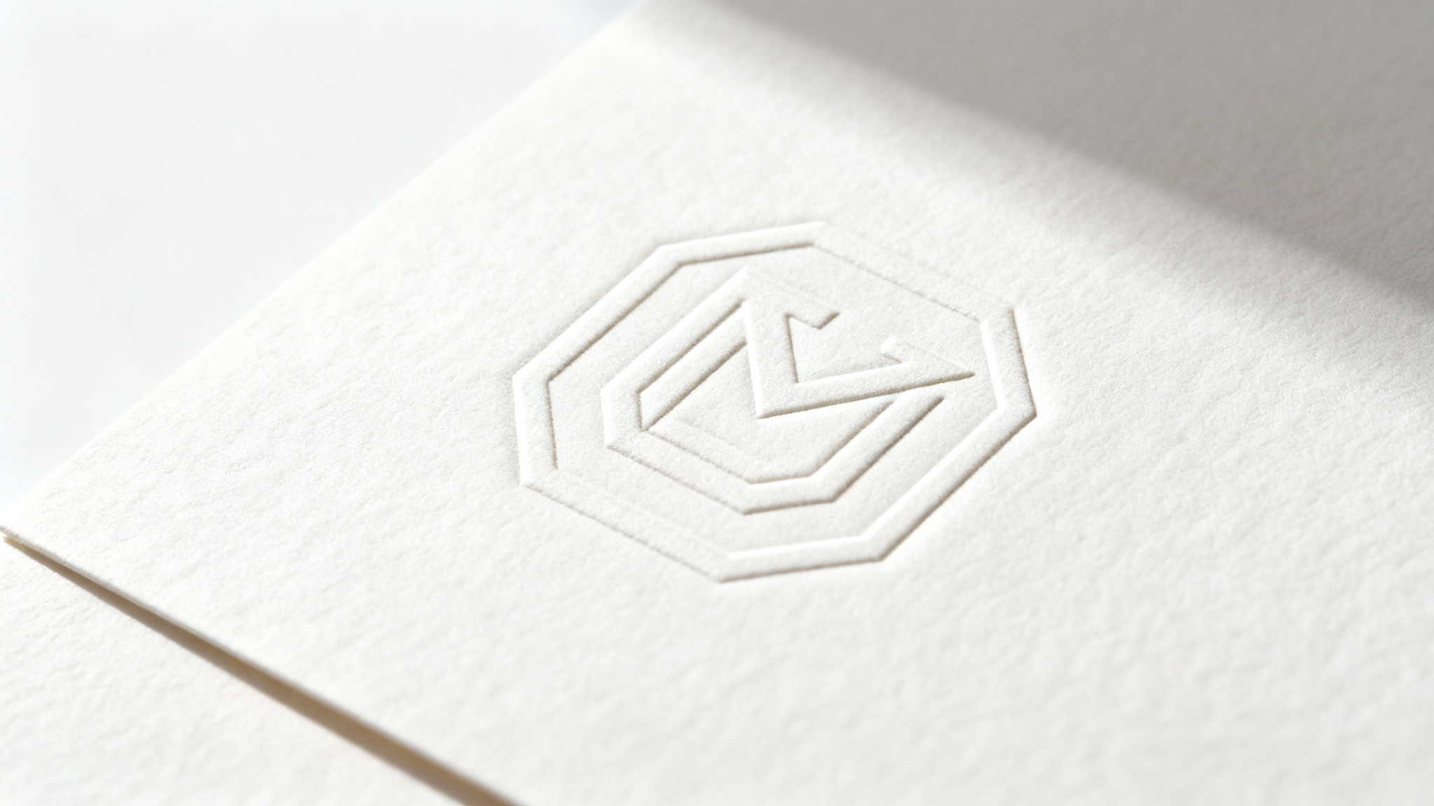 A close-up, professional photograph showing an elegant logo debossed into thick, textured off-white paper against a clean white background, highlighting the tactile quality of the effect.