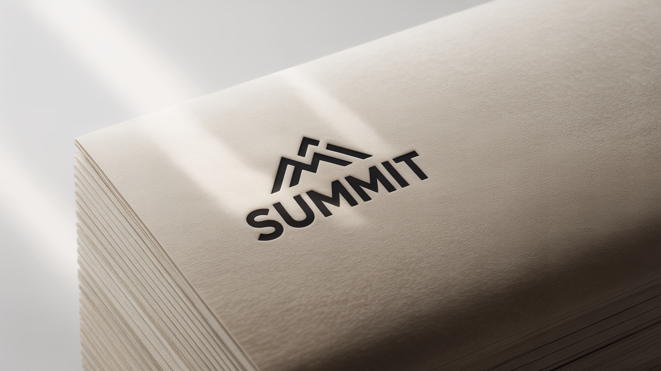 A photorealistic close-up of a logo for the brand 'SUMMIT' debossed into thick, textured off-white paper. The logo shows a mountain icon and the brand name, with subtle shadows creating a 3D effect.