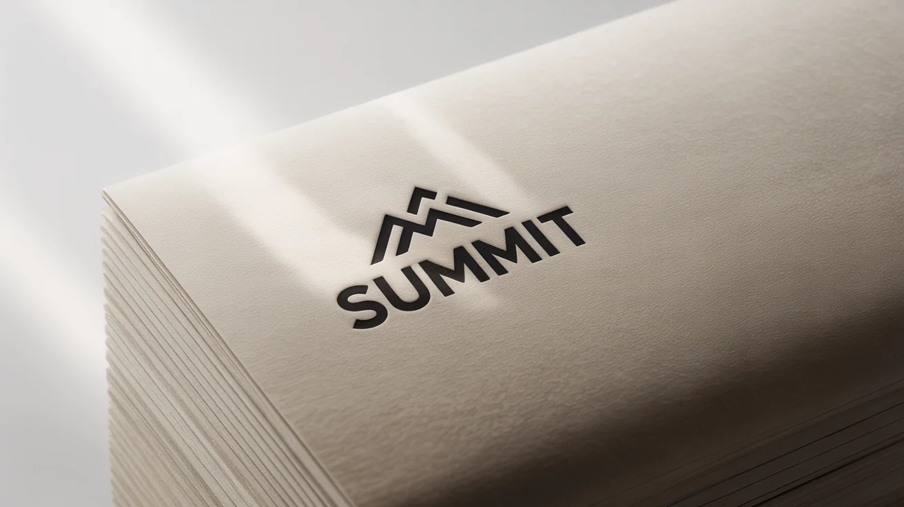 A photorealistic close-up of a logo for the brand 'SUMMIT' debossed into thick, textured off-white paper. The logo shows a mountain icon and the brand name, with subtle shadows creating a 3D effect.