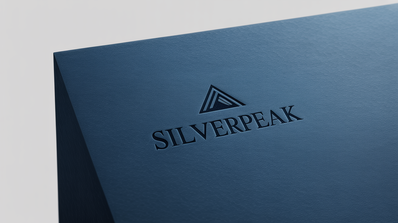 A close-up mockup of a logo for "SILVERPEAK" elegantly debossed into a thick, navy blue paper, highlighting the depth and texture against a stark white background.