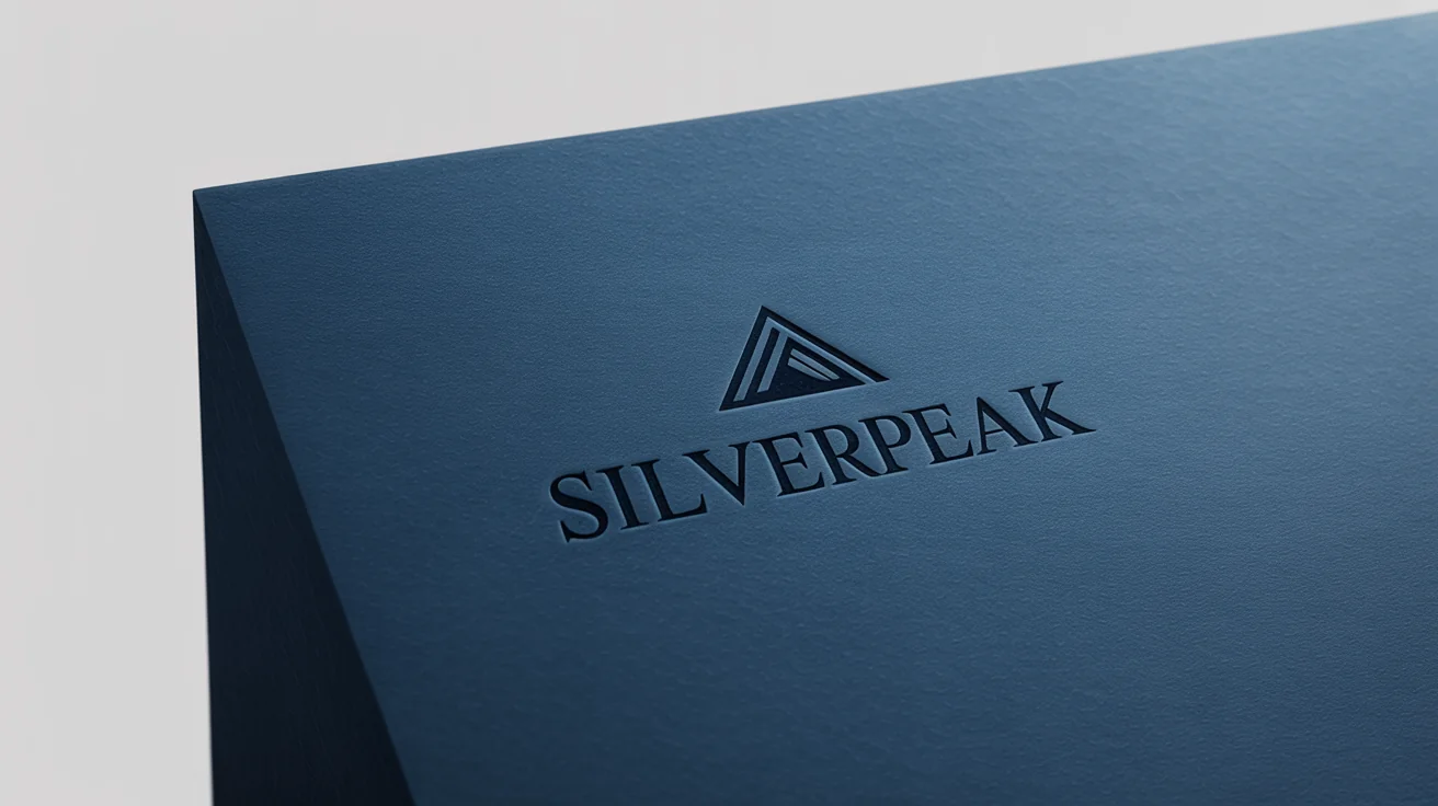 A close-up mockup of a logo for "SILVERPEAK" elegantly debossed into a thick, navy blue paper, highlighting the depth and texture against a stark white background.