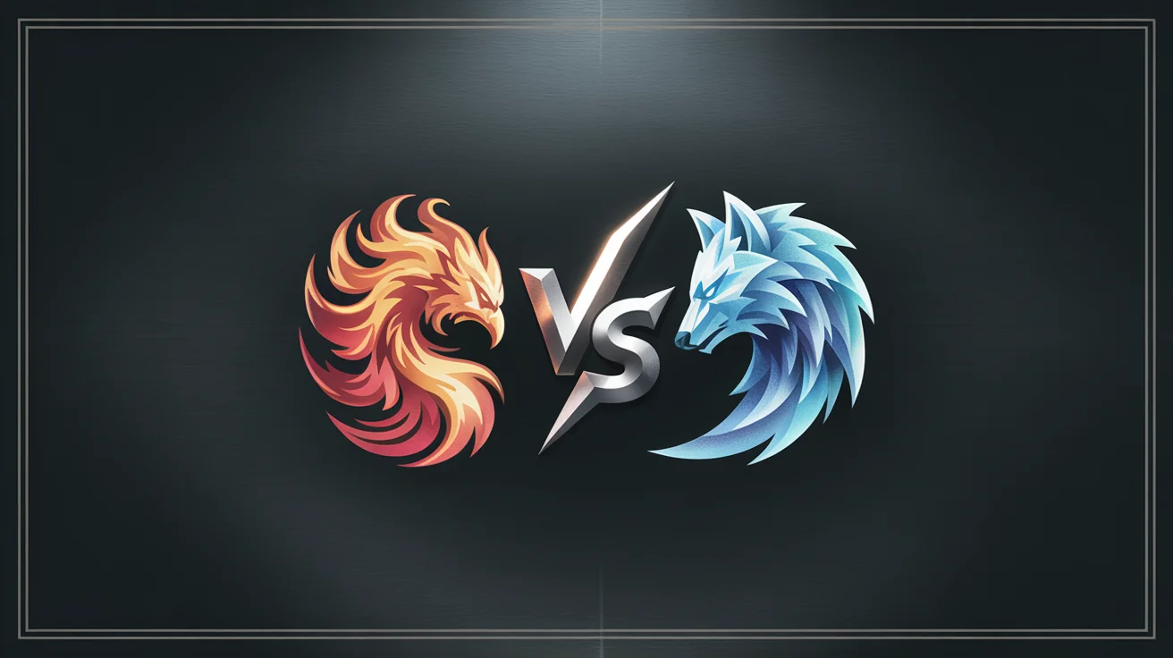 A professionally designed versus logo showing a fiery phoenix on the left and an ice wolf on the right, with the letters 'VS' in the center, representing the final output of a logo maker.