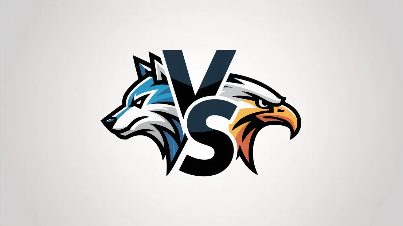 A professional 'versus' logo mockup showing a stylized blue wolf emblem facing off against a stylized orange eagle emblem, with the letters 'VS' between them on a white background.