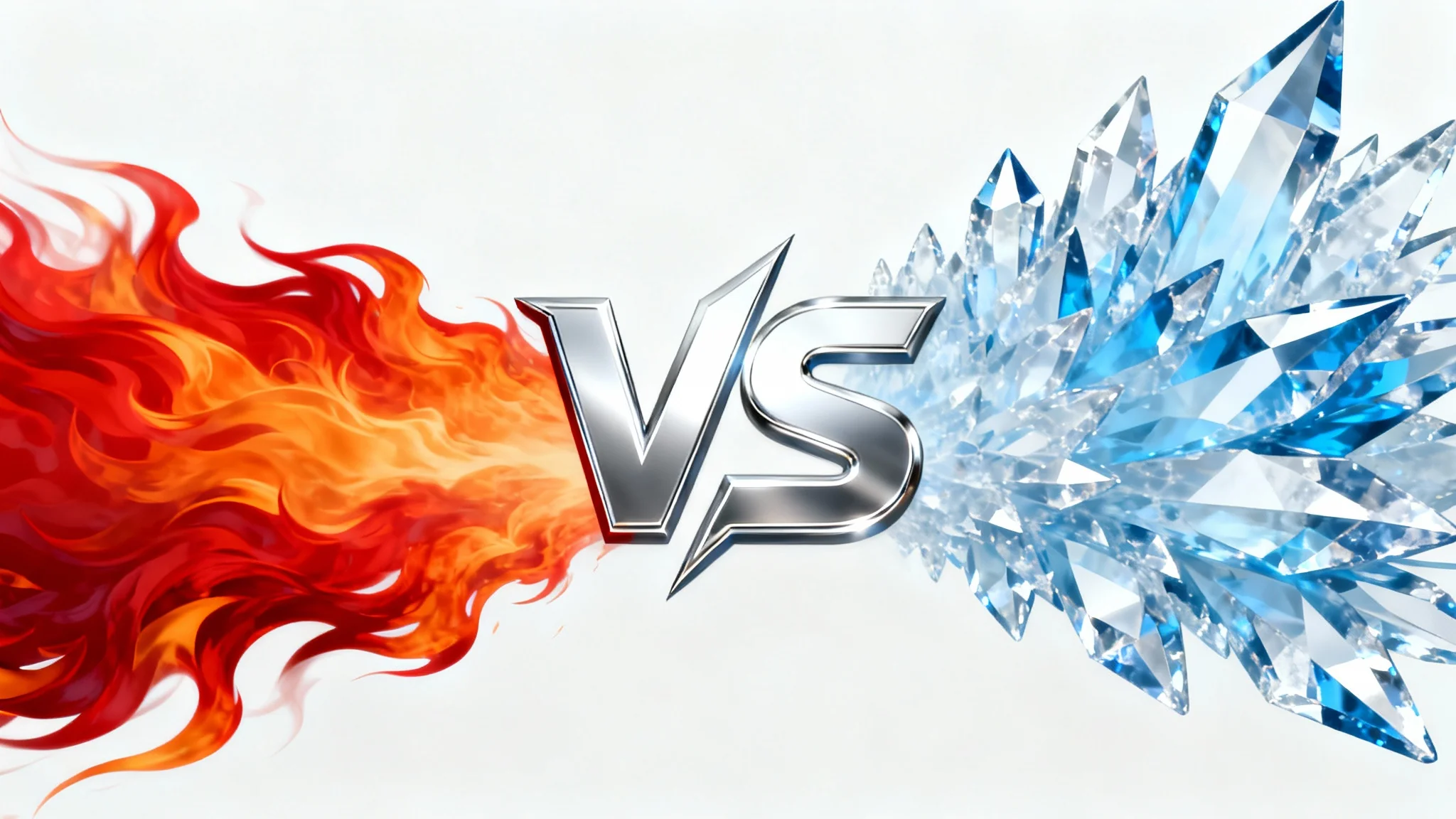 A modern 'VS' logo mockup on a white background, with a red fire element on the left and a blue ice element on the right, symbolizing a 'Fire vs. Ice' conflict.