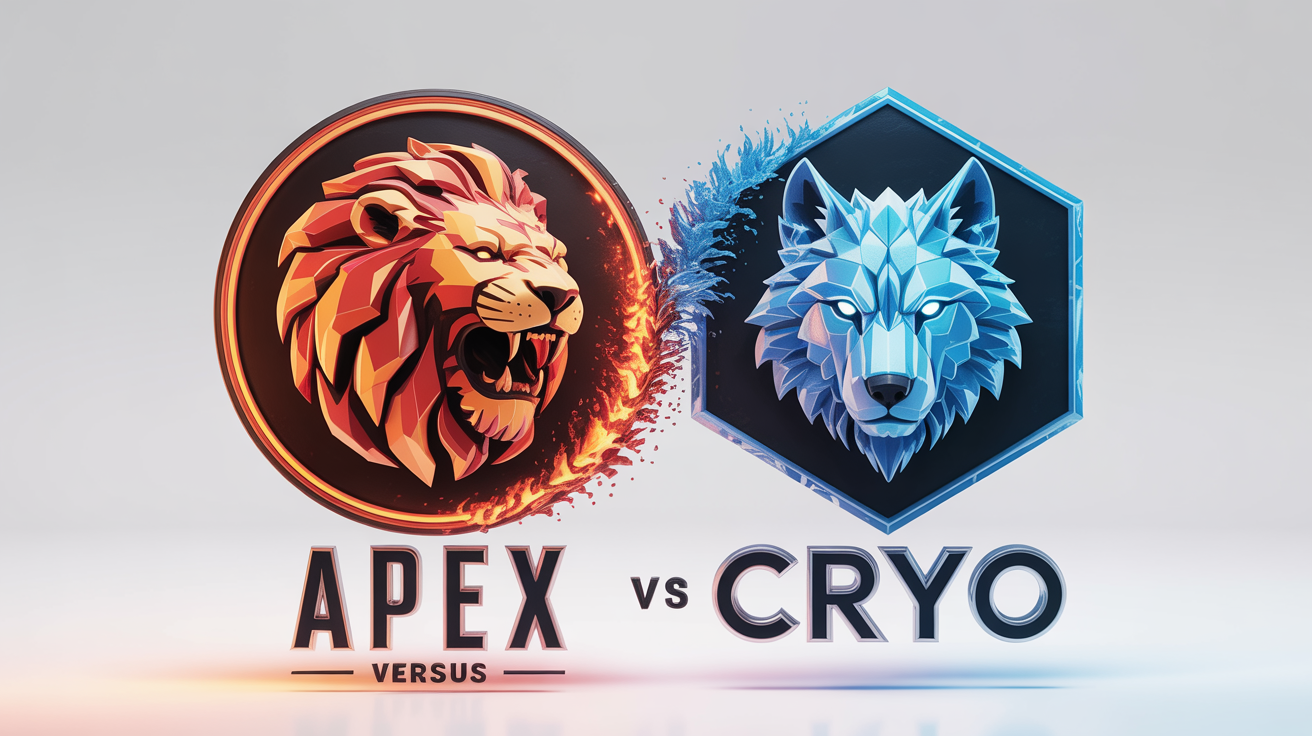 A dynamic 'versus' logo design featuring a fiery lion logo for 'APEX' on the left, and a crystalline ice wolf logo for 'CRYO' on the right, with bold 'VS' letters in the center, all on a white background.
