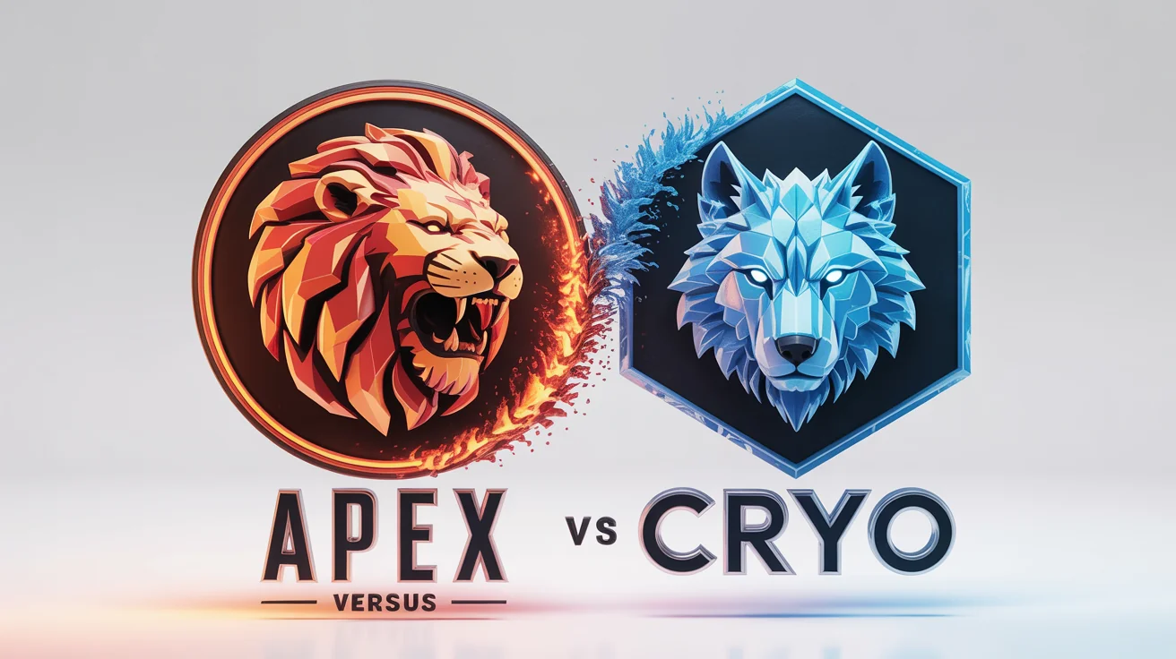 A dynamic 'versus' logo design featuring a fiery lion logo for 'APEX' on the left, and a crystalline ice wolf logo for 'CRYO' on the right, with bold 'VS' letters in the center, all on a white background.