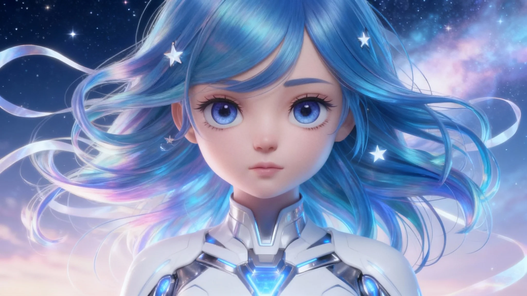 A close-up 3D render of a beautiful anime character with long, flowing, vibrant blue hair, star-shaped clips, and a futuristic outfit, set against a starry night sky.