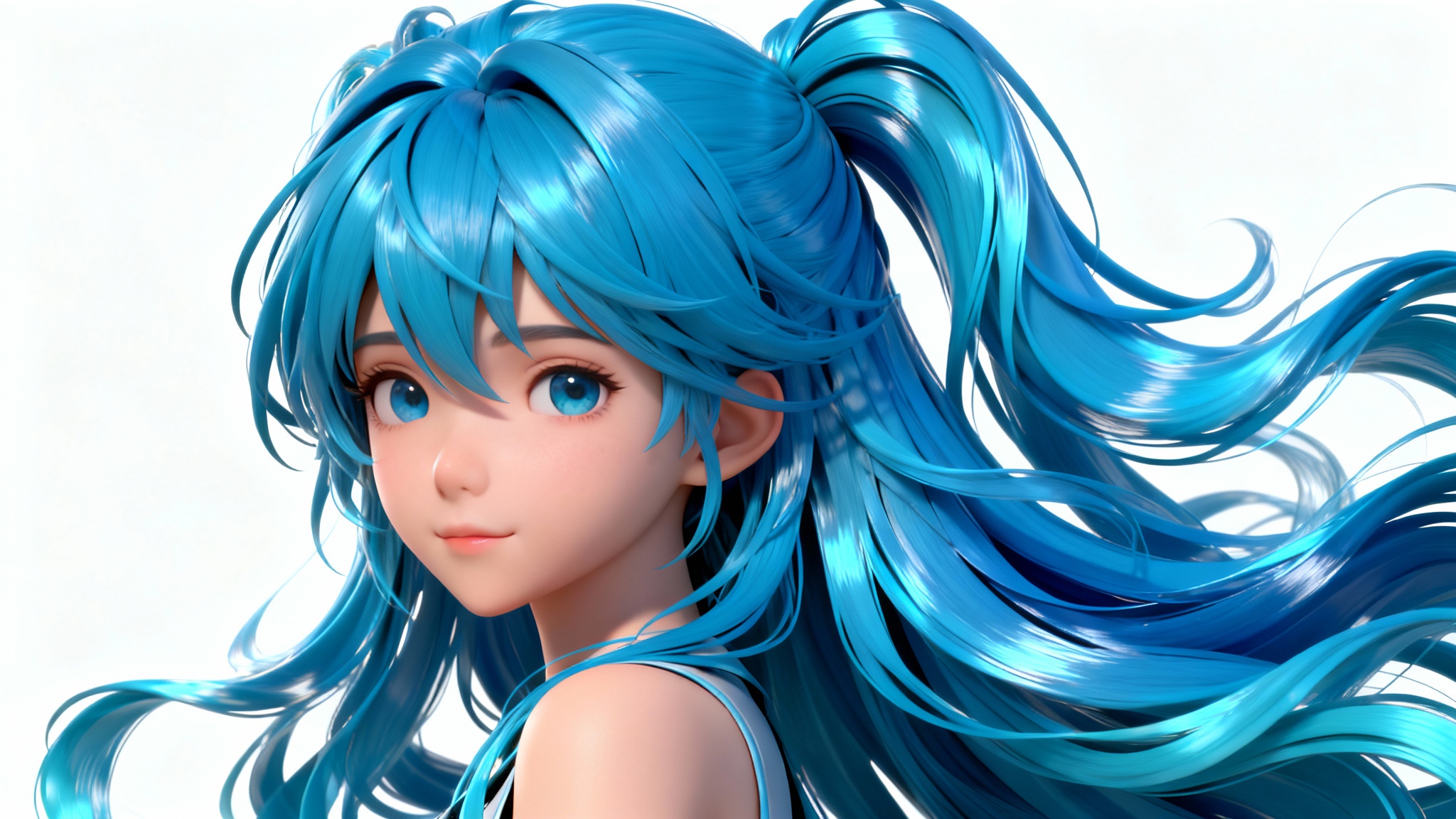 A close-up 3D render of an anime character's head and shoulders, showcasing voluminous and highly detailed electric blue hair with glossy highlights against a solid white background.