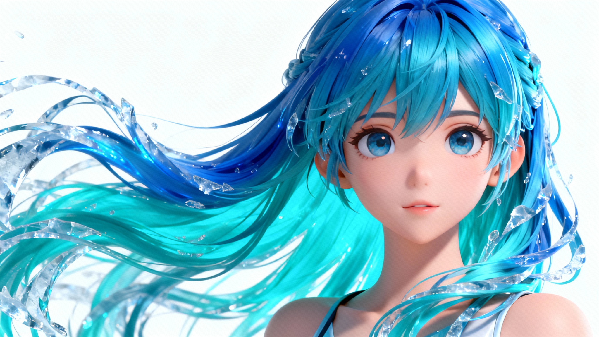 A 3D rendering of an anime character with long, voluminous, flowing blue hair that shows incredible detail and texture, set against a plain white background.