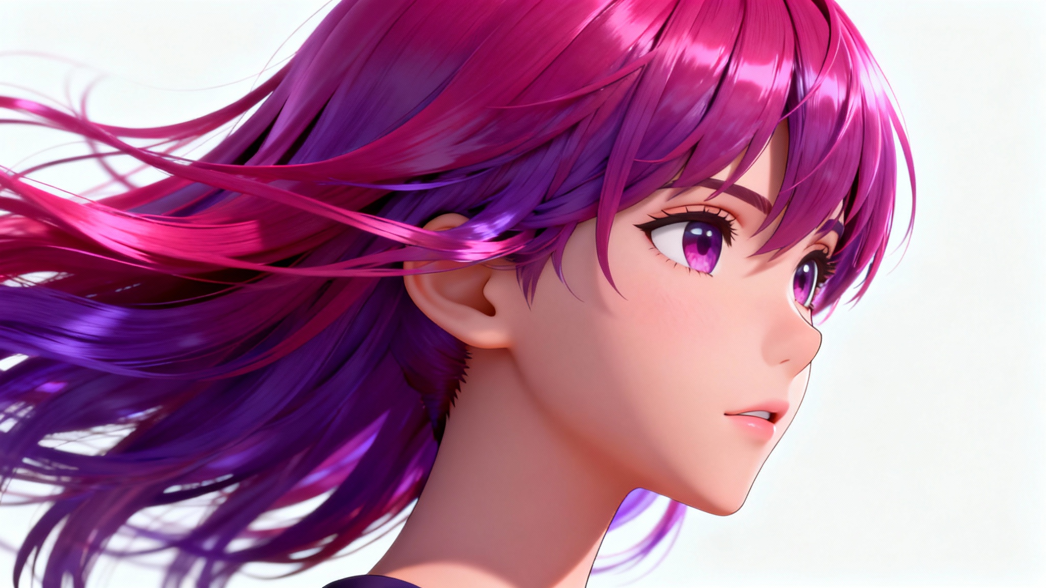 A close-up 3D render of long, flowing anime-style hair in vibrant shades of magenta and purple, showcasing its detailed texture and dynamic shape against a plain white background.