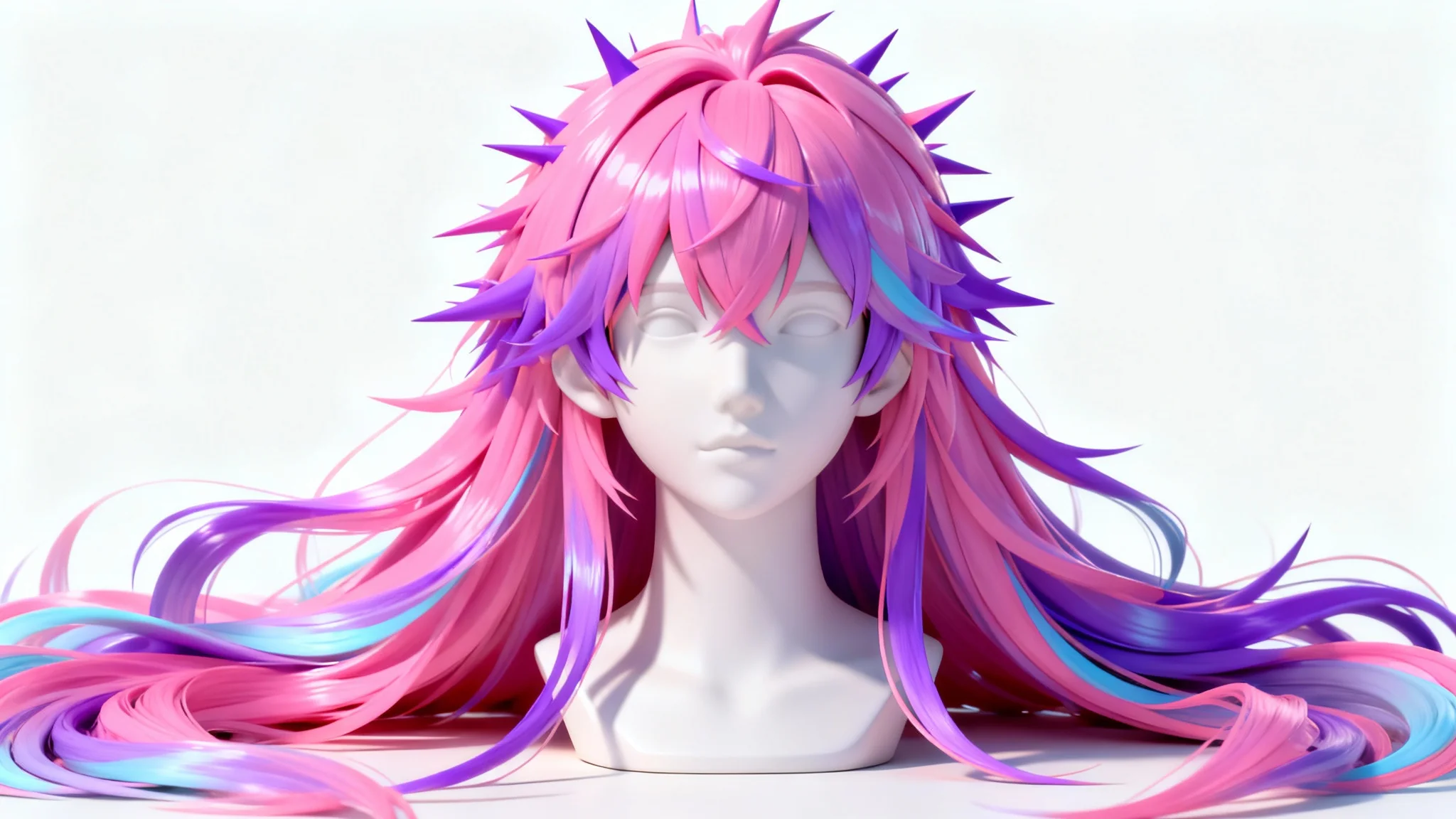 A detailed 3D model of long, flowing pink and purple anime-style hair, showcased on a featureless bust against a plain white background.