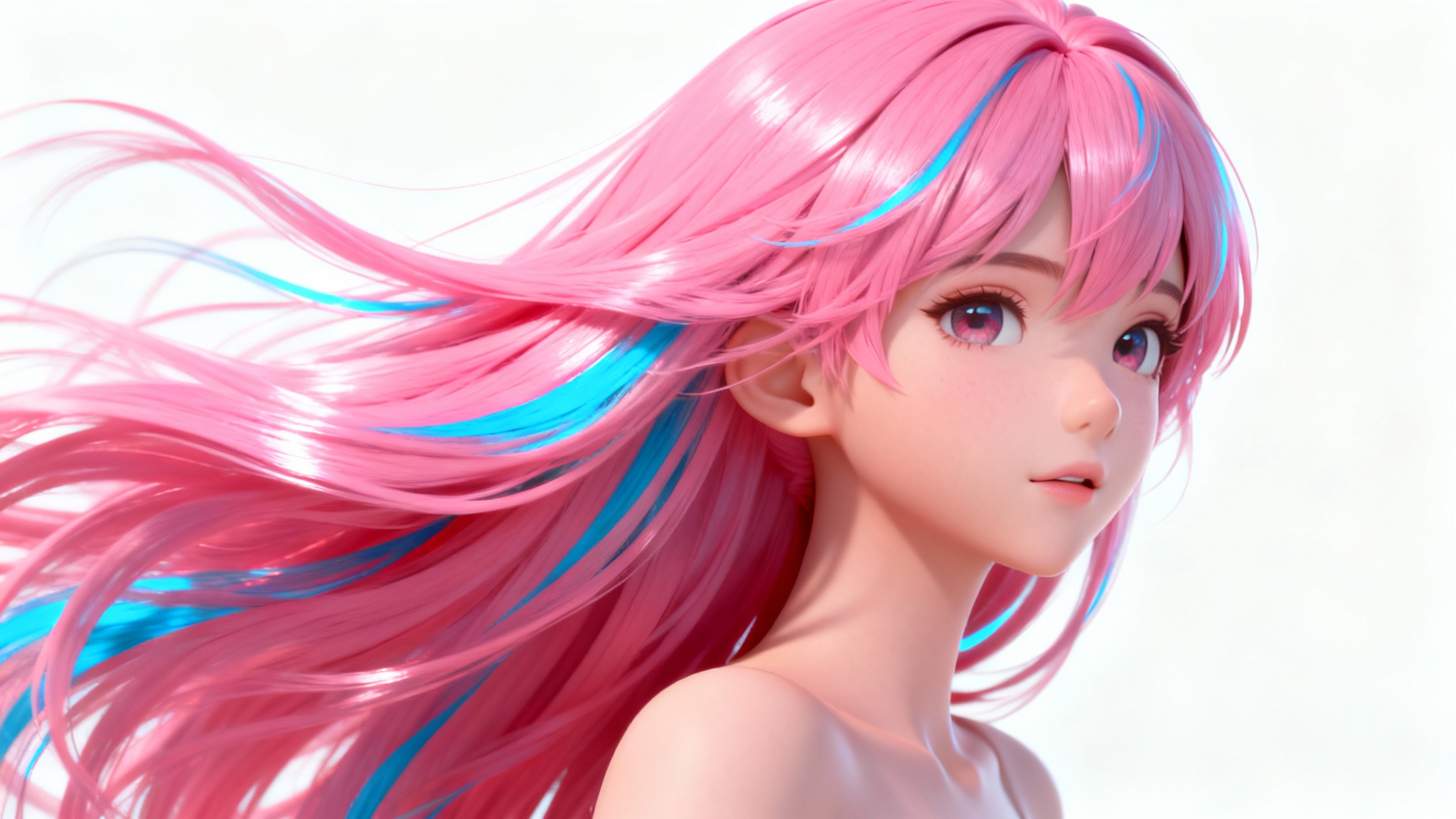 A hyper-detailed 3D render of dynamic anime-style hair. The long, flowing pink and blue hair is shown in a close-up against a white background, highlighting its silky texture and volume.