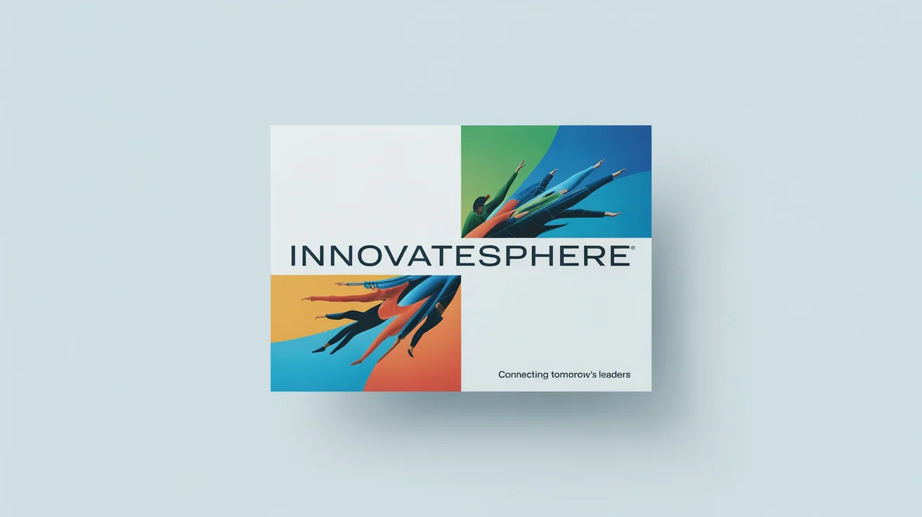 A professionally designed and printed trade show backdrop for a tech company called 'InnovateSphere', set up in a modern exhibition hall. The backdrop is colorful with blue, orange, and green graphics.