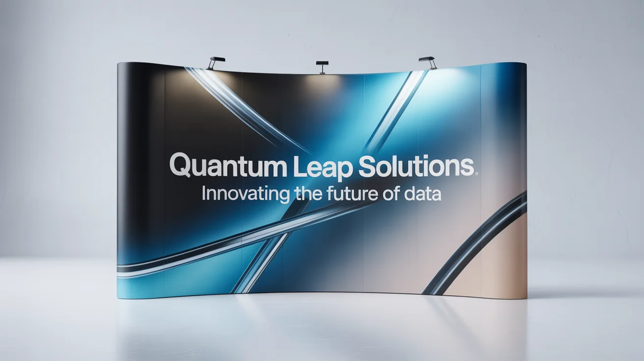 A photorealistic mockup of a large, modern trade show backdrop for a fictional tech company named 'Quantum Leap Solutions', set against a clean white background.