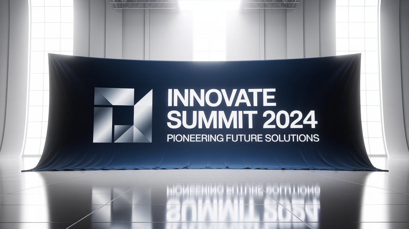A professional mockup of a large trade show backdrop for a fictional event called 'Innovate Summit 2024', featuring a modern design on a clean white background.