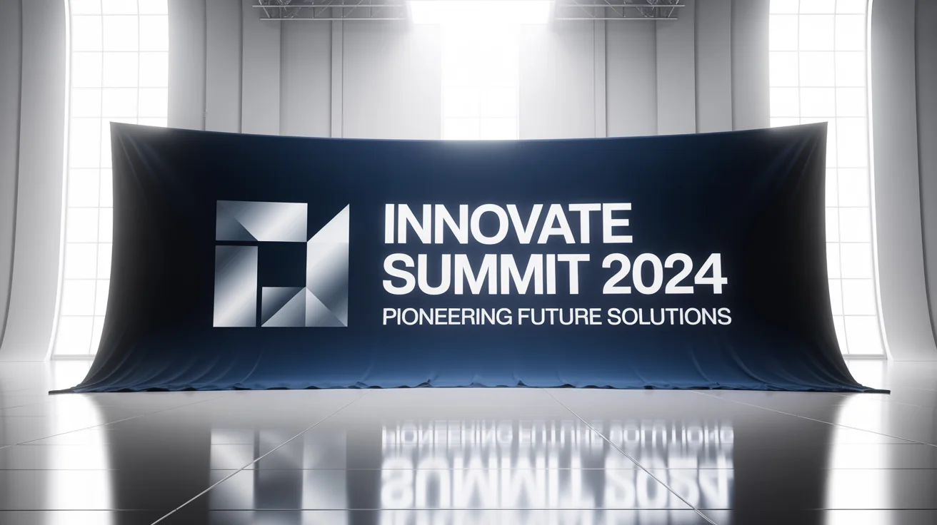 A professional mockup of a large trade show backdrop for a fictional event called 'Innovate Summit 2024', featuring a modern design on a clean white background.