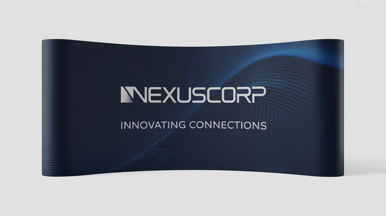 A photorealistic mockup of a professional trade show backdrop for 'Nexus Corp' with the tagline 'Innovating Connections', set against a plain white background.