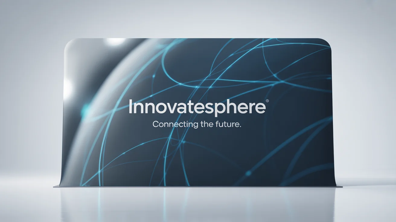 A professional mockup of a wide trade show backdrop for a tech company called 'InnovateSphere', featuring the company name and tagline against an abstract blue and gray design, all on a white background.