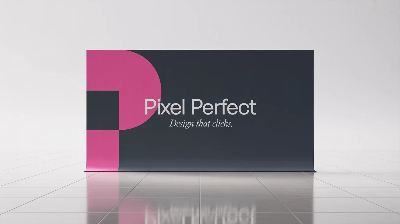 A professional mockup of a large trade show backdrop for a fictional creative agency called 'Pixel Perfect', featuring their name and tagline against a charcoal gray and magenta design, all set on a clean white background.