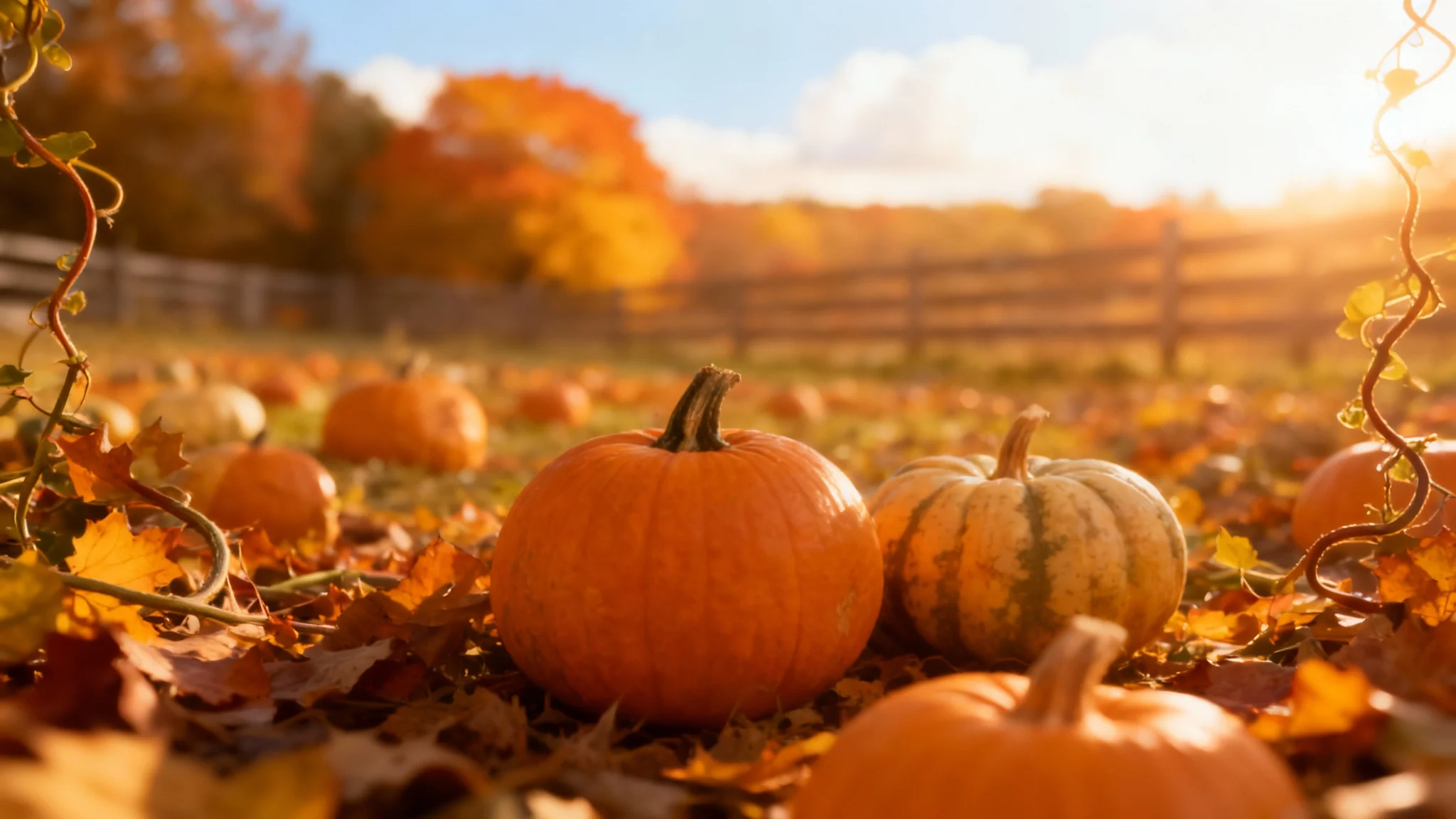 A professionally designed background image showing a vibrant pumpkin patch at sunset, with a clear foreground and softly blurred background perfect for text overlays.