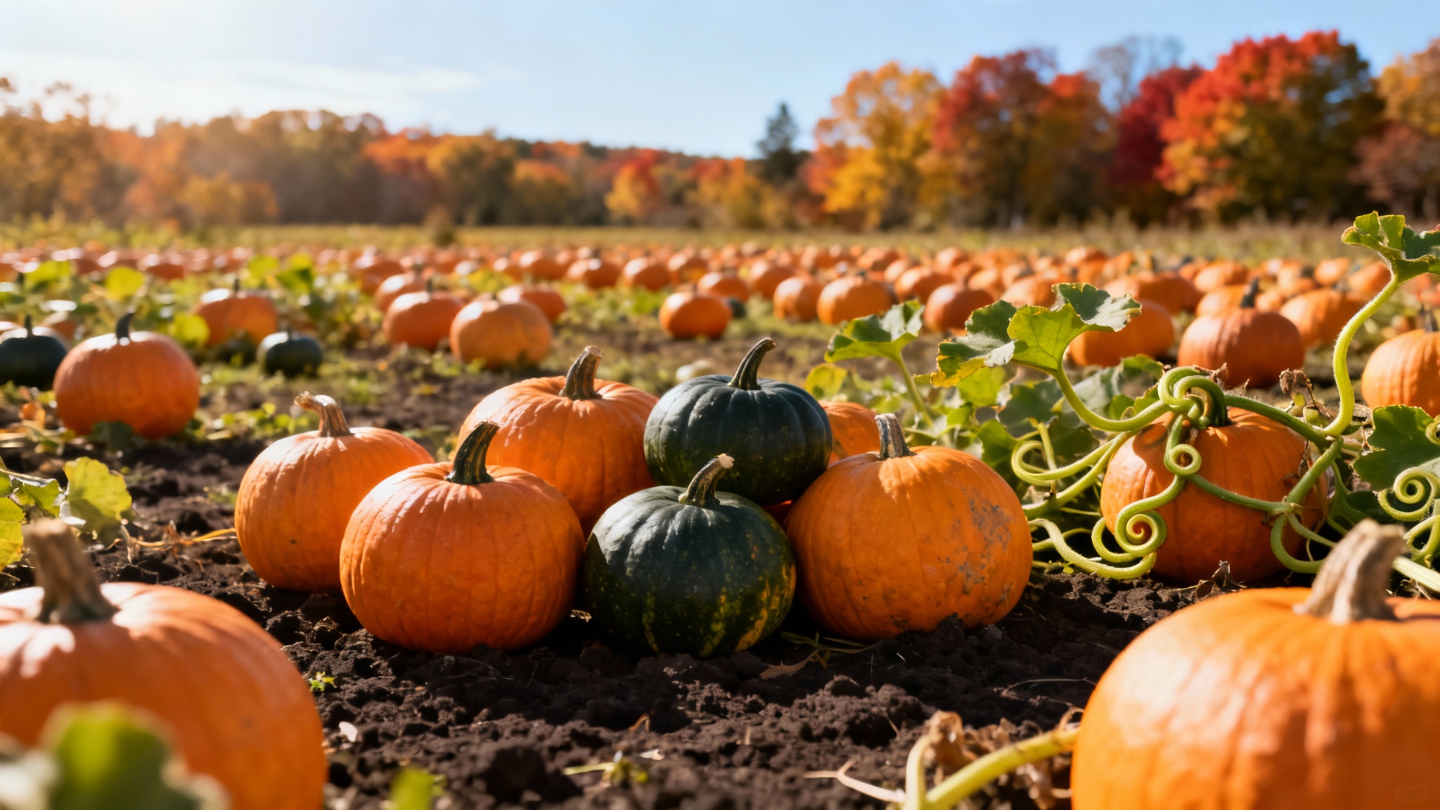 A vibrant and sunny pumpkin patch, with a close-up of several large orange pumpkins in the foreground and a softly blurred field of pumpkins stretching into the distance.